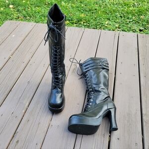Vintage 90s y2k Tuk Black Faux Leather Platform Lace Up Bratz Goth Tall Boots 10